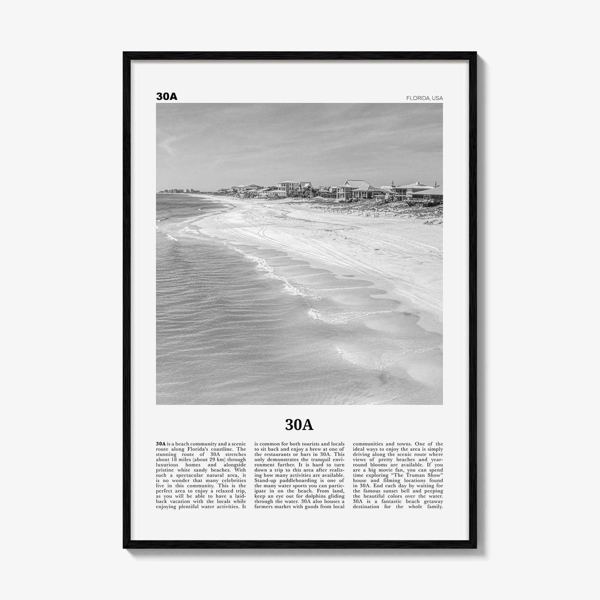 30A Print Black and White, 30A Wall Art, 30A Poster, 30A Photo, 30A Wall Décor, 30A Map, Florida, USA