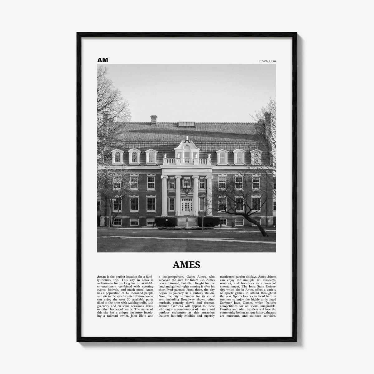 Ames Print Black and White, Ames Wall Art, Ames Poster, Ames Photo, Ames Map, Ames Wall Decor, Iowa, USA, United States