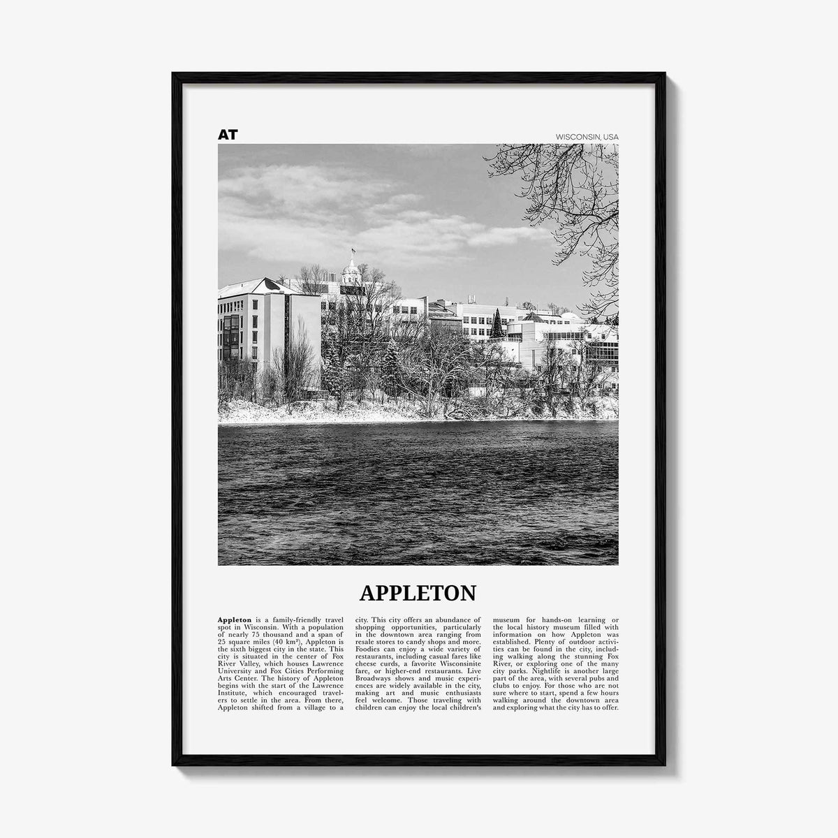 Appleton Print Black and White, Appleton Wall Art, Appleton Poster, Appleton Photo, Appleton Wall Décor, Appleton Map,  Wisconsin, USA