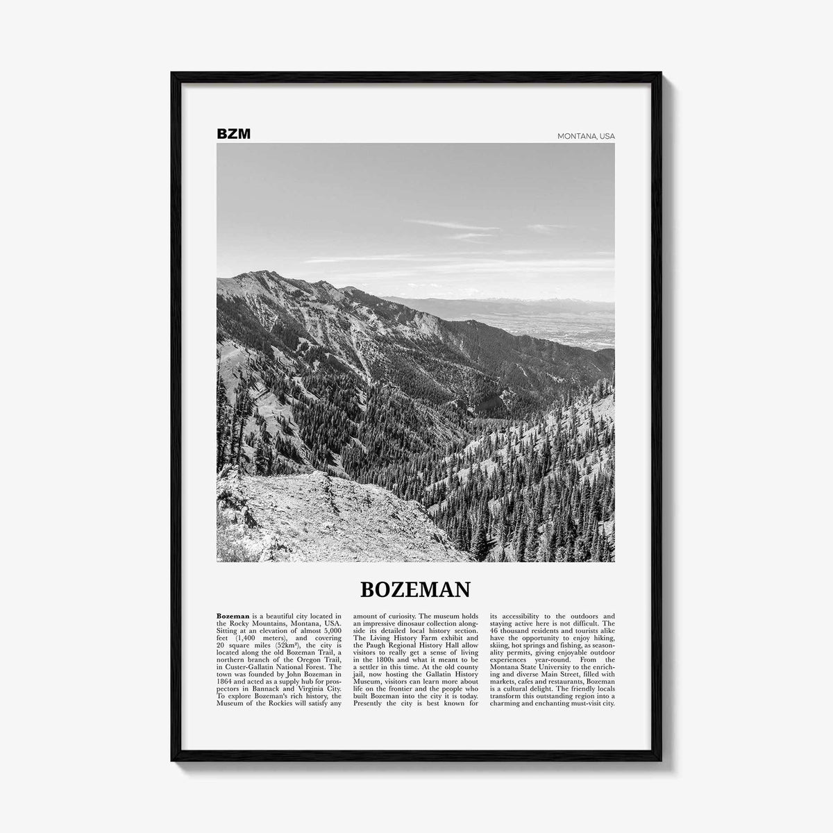 Bozeman Print Black and White, Bozeman Wall Art, Bozeman Poster, Bozeman Photo, Bozeman Map, Montana, USA, United States