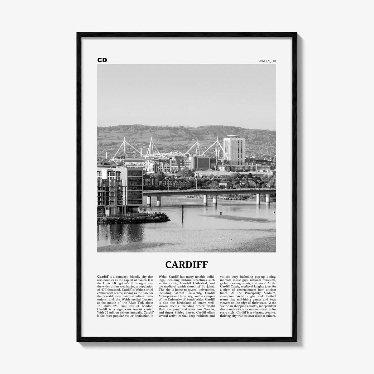 Cardiff Print Black and White, Cardiff Wall Art, Cardiff Poster, Cardiff Photo, Cardiff Wall Decor, Wales, UK, United Kingdom, Europe