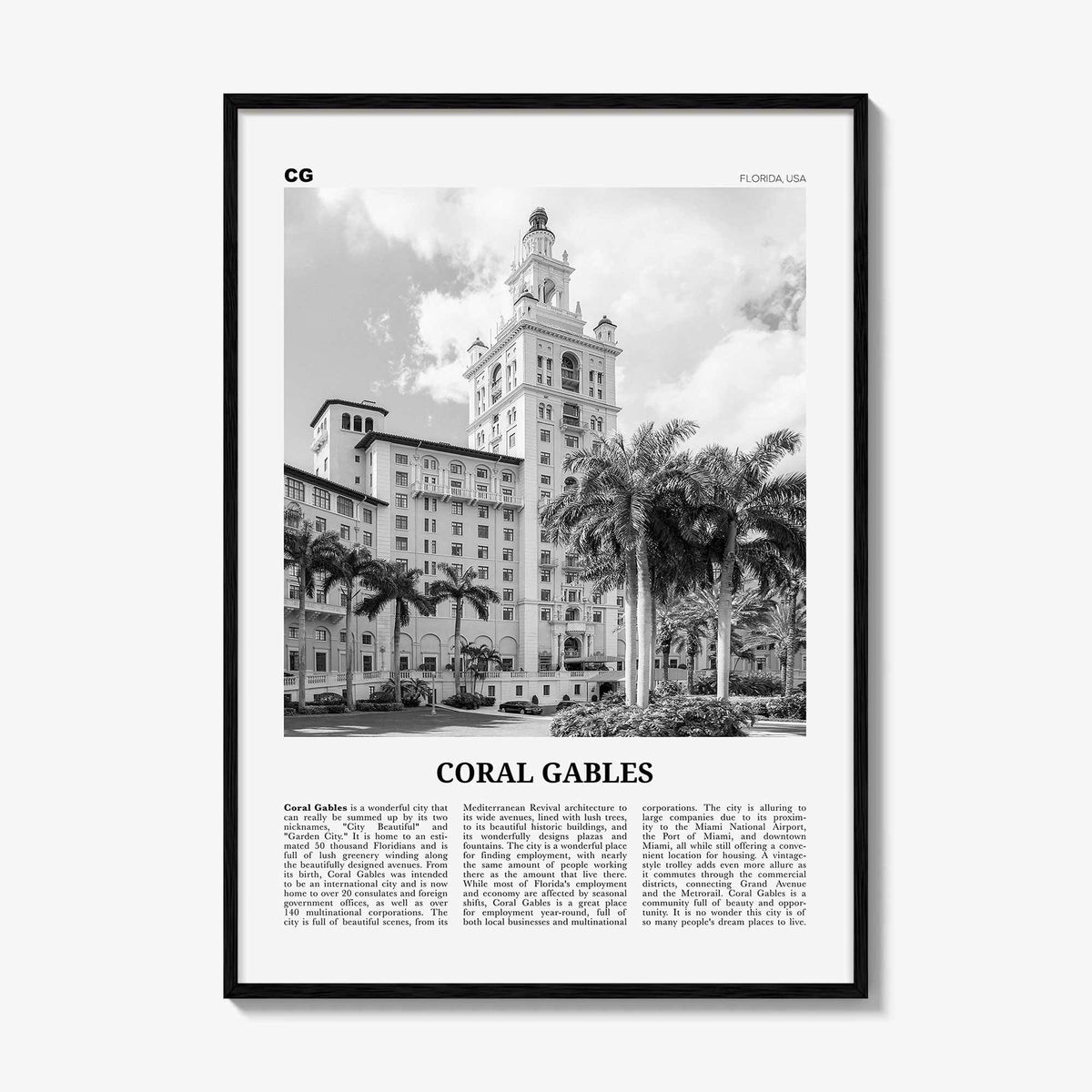 Coral Gables Print Black and White, Coral Gables Wall Art, Coral Gables Poster, Coral Gables Photo, Coral Gables Wall Décor, Florida, USA