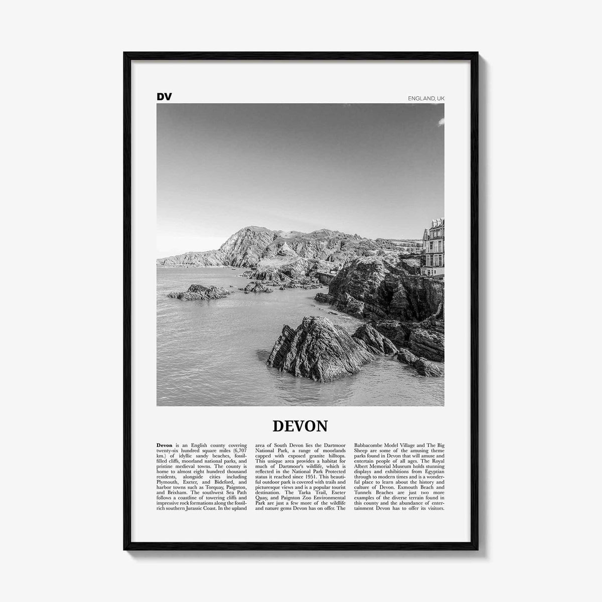 Devon Print Black and White, Devon Wall Art, Devon Poster, Devon Photo, Devon Map, England, UK, United Kingdom
