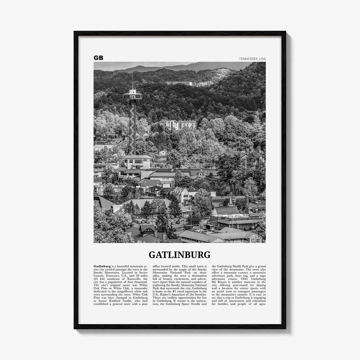 Gatlinburg Print Black and White, Gatlinburg Wall Art, Gatlinburg Poster, Gatlinburg Photo, Gatlinburg Wall Décor, Tennessee, USA