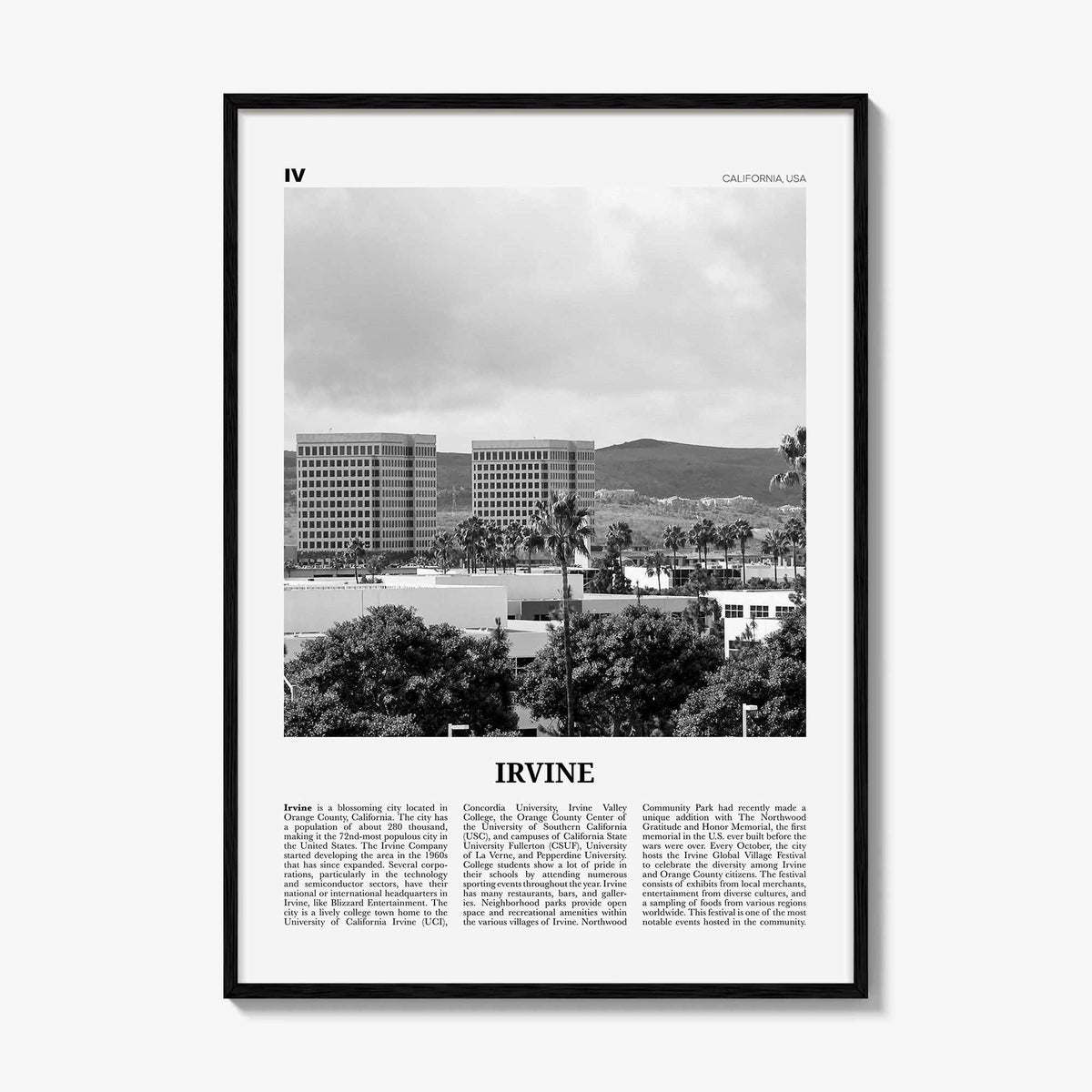 Irvine Print Black and White No 2, Irvine Wall Art, Irvine Poster, Irvine Photo, Irvine Wall Décor, California, USA, United States, America