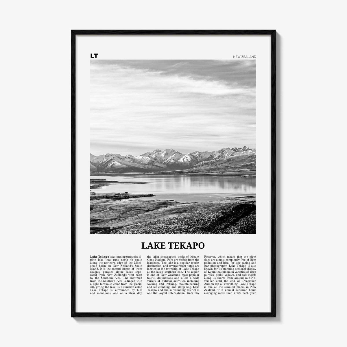Lake Tekapo Print Black and White, Lake Tekapo Wall Art, Lake Tekapo Poster, Lake Tekapo Photo, New Zealand