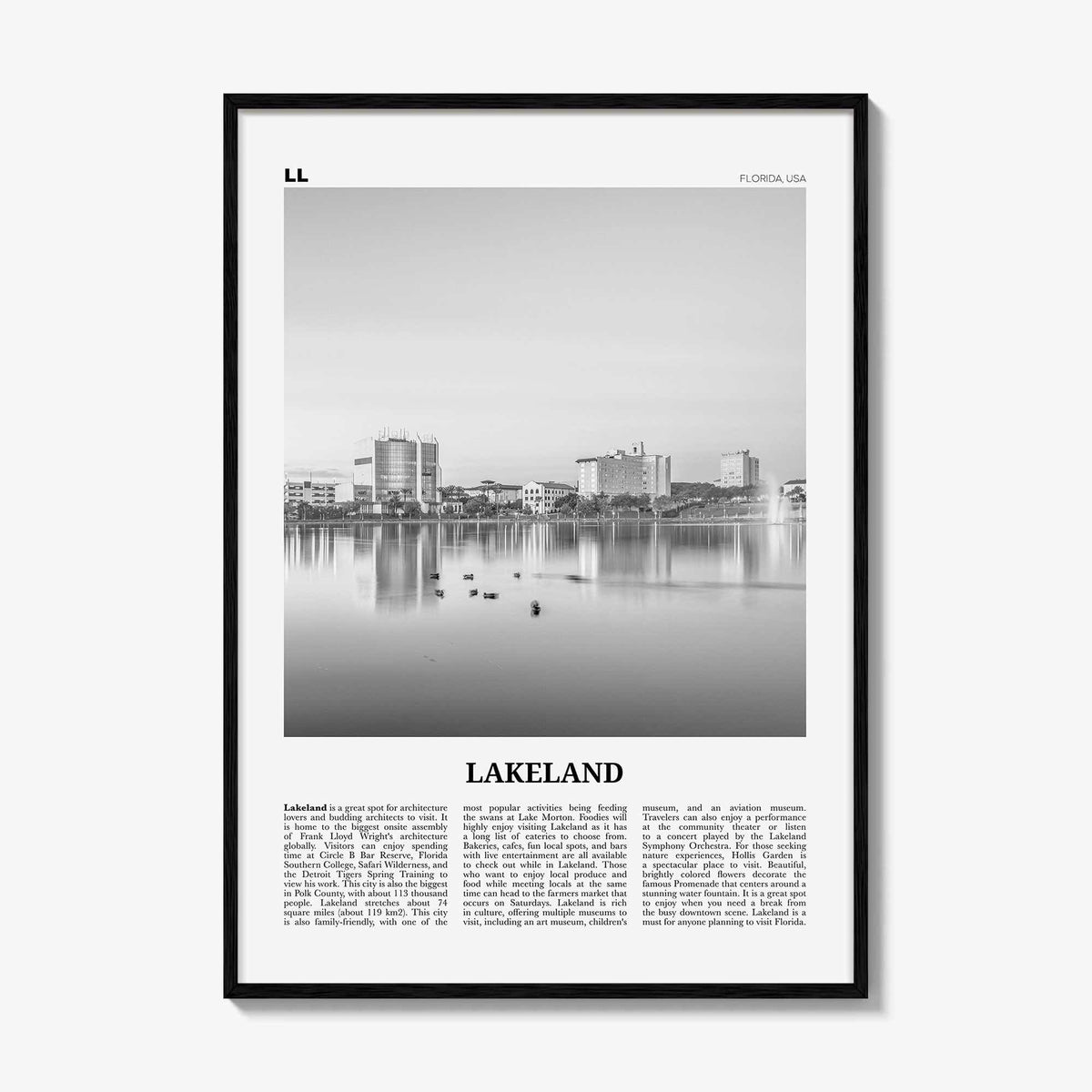 Lakeland Print Black and White, Lakeland Wall Art, Lakeland Poster, Lakeland Photo, Lakeland Wall Décor, Lakeland Map, Florida, USA