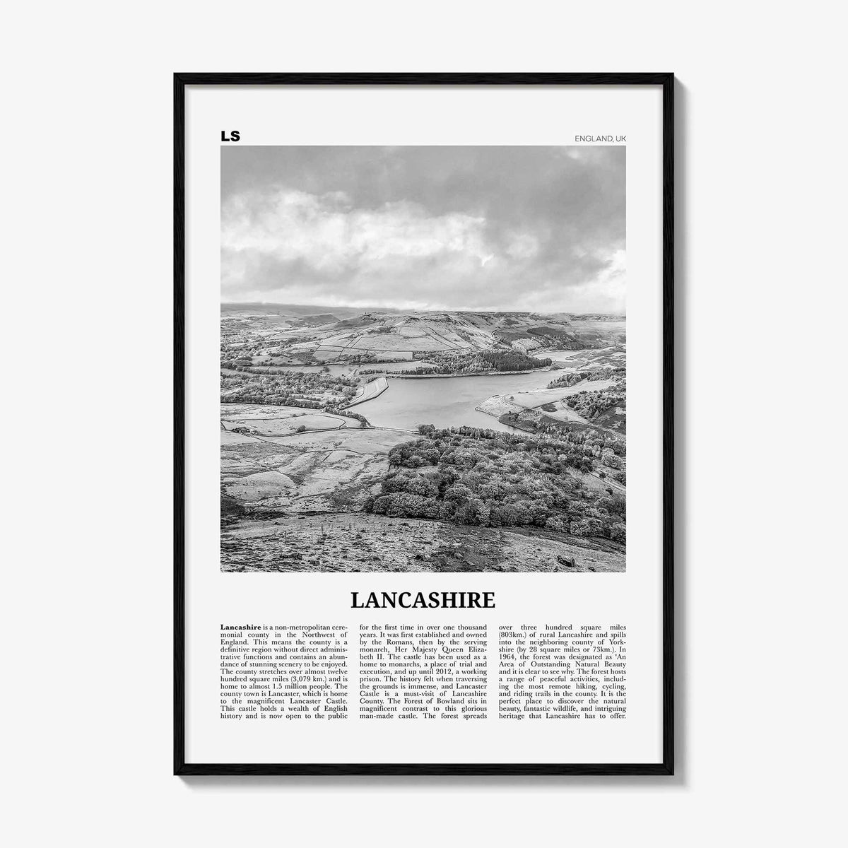 Lancashire Print Black and White, Lancashire Wall Art, Lancashire Poster, Lancashire Photo, Lancashire Map, England, UK, United Kingdom