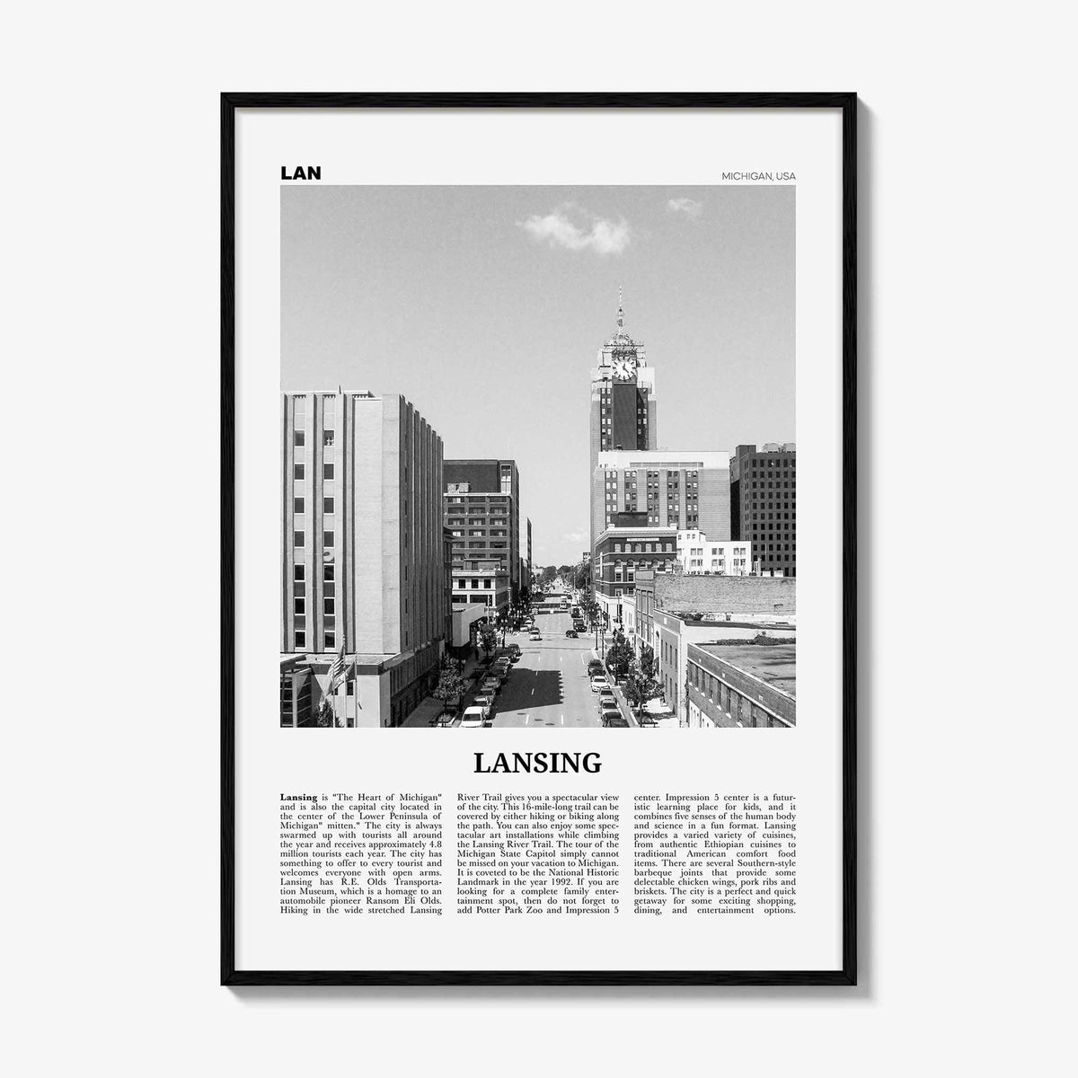 Lansing Print Black and White, Lansing Wall Art, Lansing Poster, Lansing Photo, Lansing Décor, Michigan, USA, United States, North America
