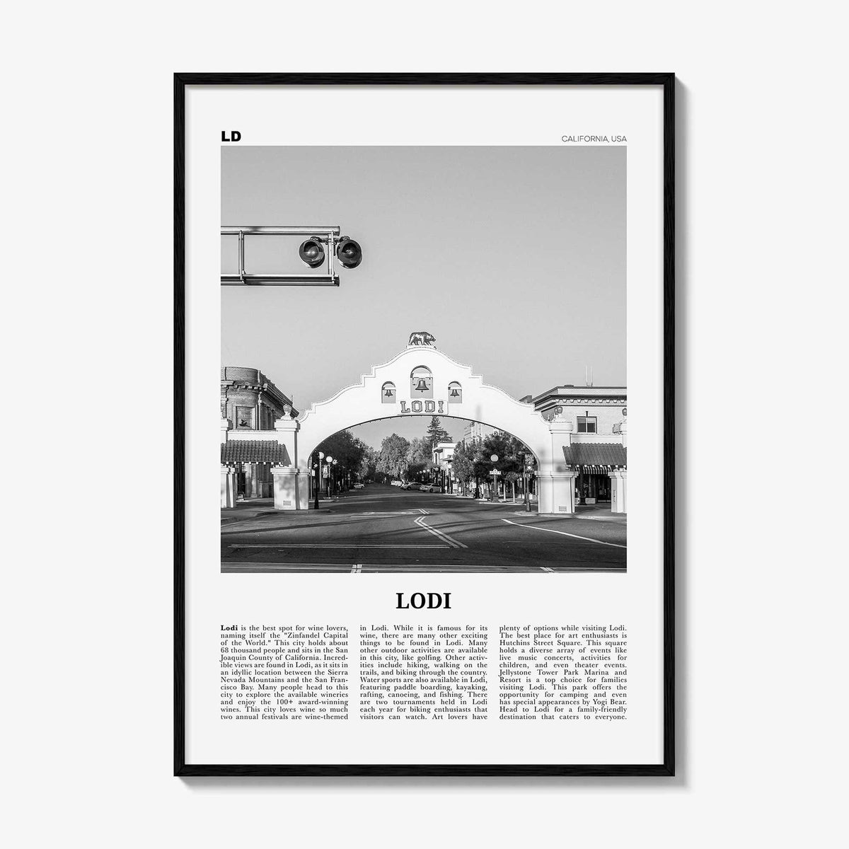 Lodi Print Black and White, Lodi Wall Art, Lodi Poster, Lodi Photo, Lodi Wall Décor, Lodi Map, California, USA