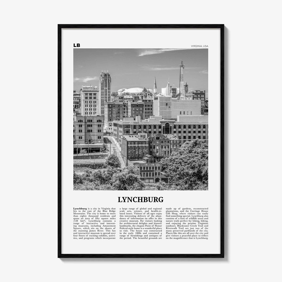 Lynchburg Print Black and White, Lynchburg Wall Art, Lynchburg Poster, Lynchburg Photo, Lynchburg Map, Virginia, USA, United States