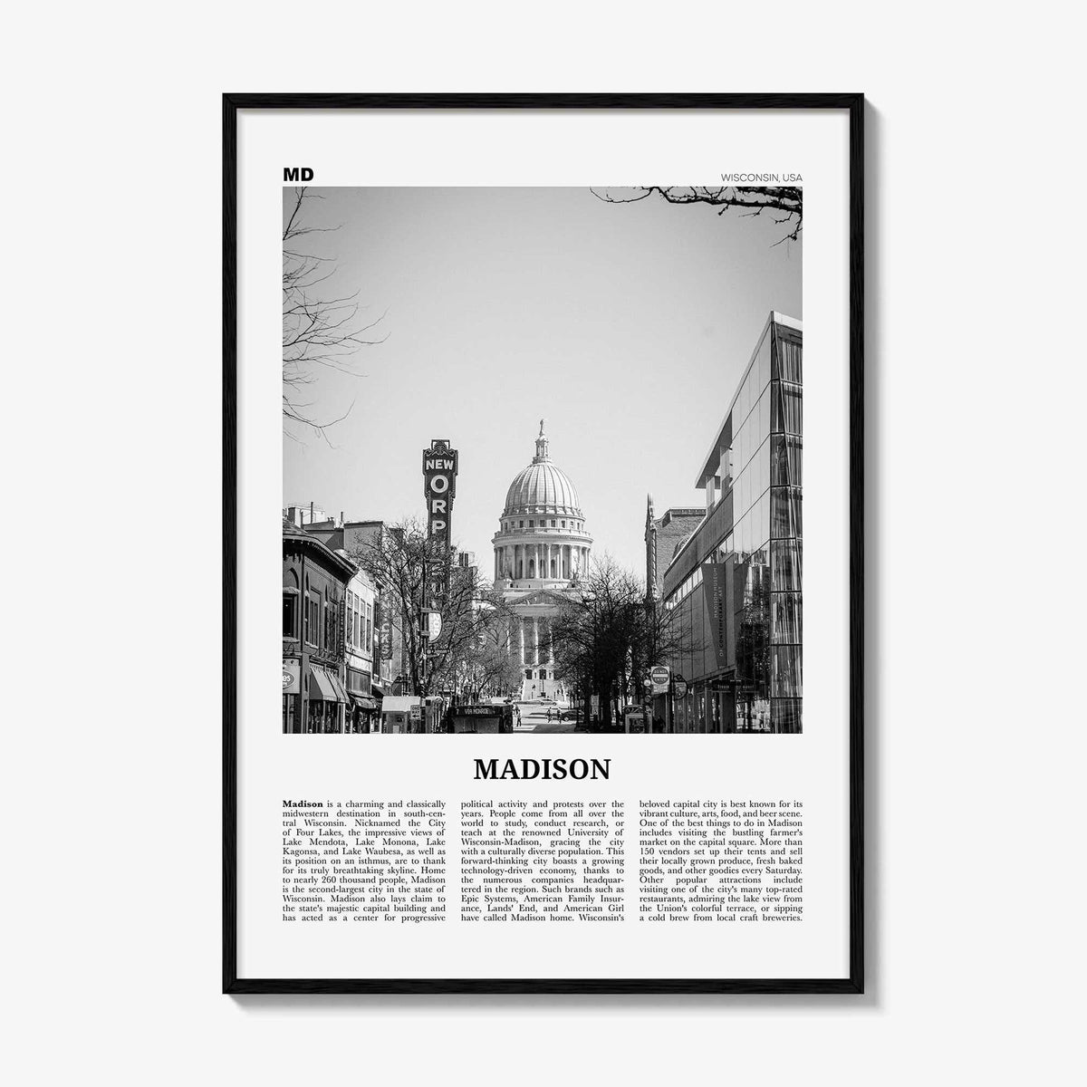 Madison Print Black and White No 1, Madison Wall Art, Madison Poster, Madison Photo, Madison Décor, Wisconsin, USA, United States