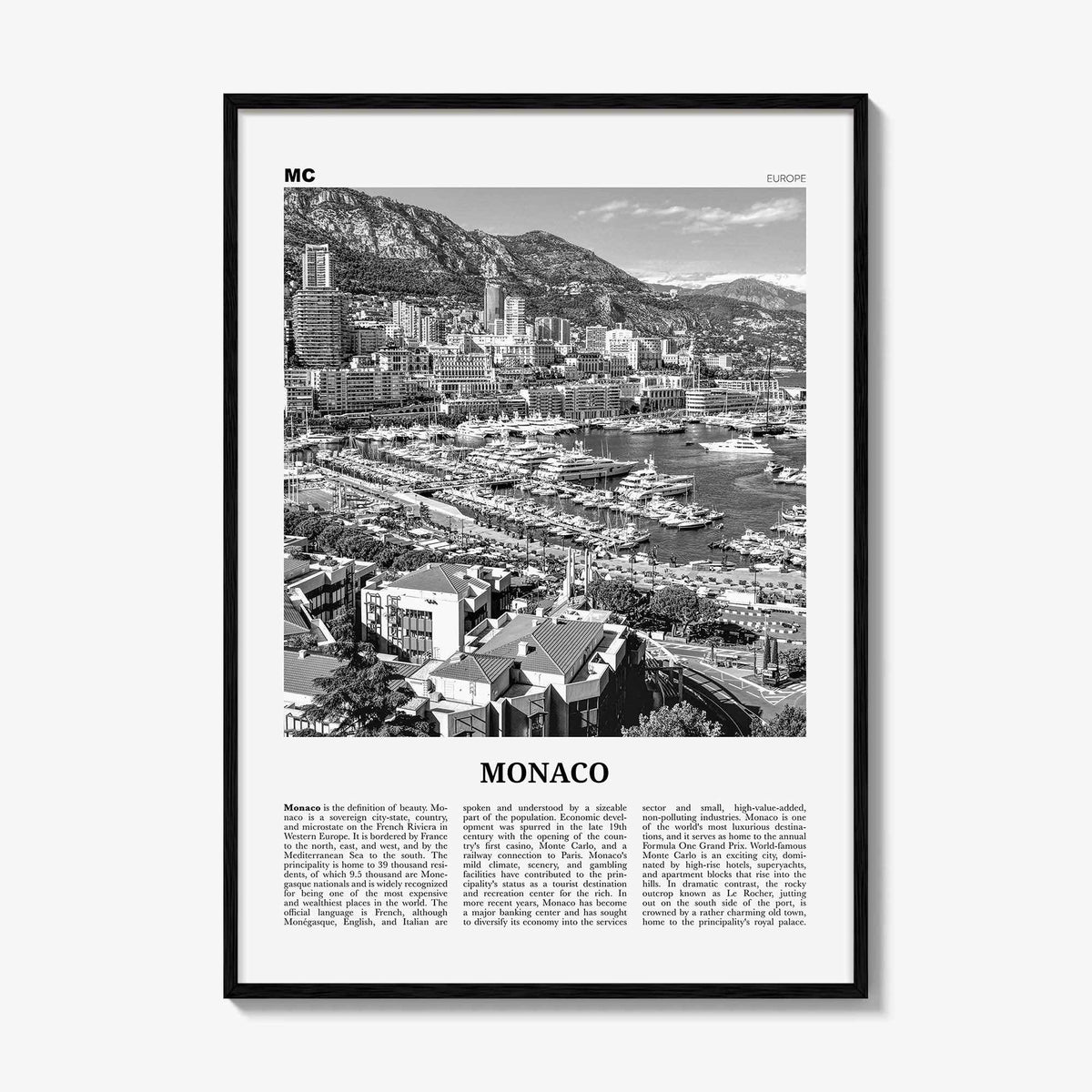 Monaco Print Black and White, Monaco Wall Art, Monaco Poster, Monaco Photo, Mùnegu, Mónegue, France, Europe, Monte Carlo, French Riviera