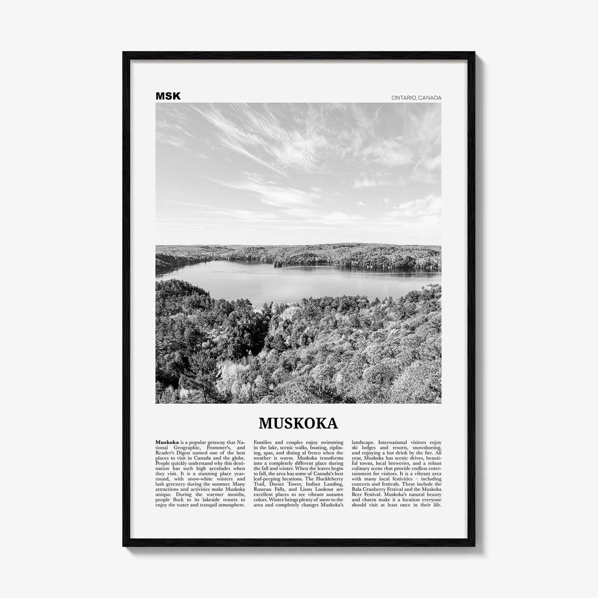 Muskoka Print Black and White, Muskoka Wall Art, Muskoka Poster, Muskoka Photo, Muskoka Map, Muskoka Wall Decor, Ontario, Canada
