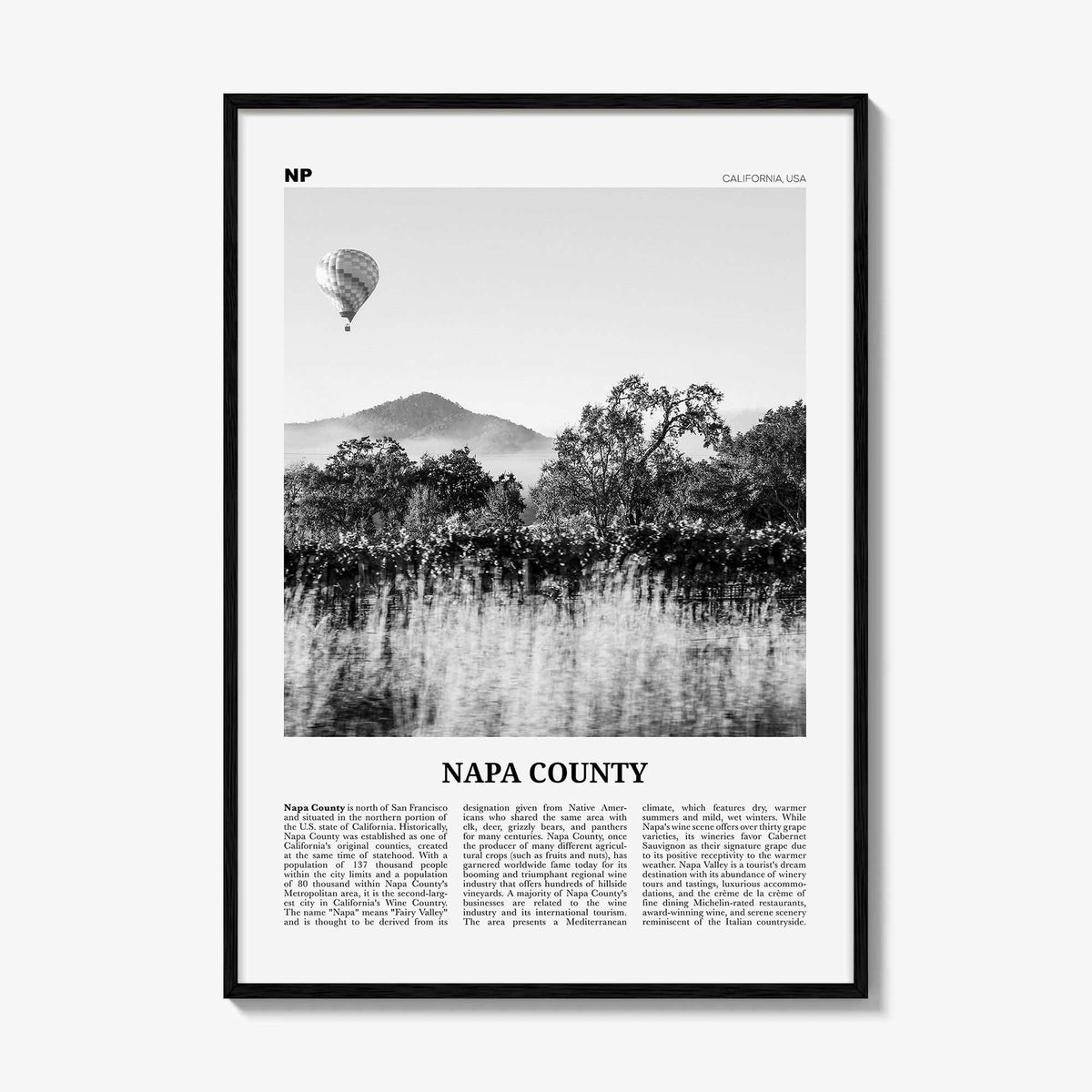 Napa County Print Black and White, Napa County Wall Art, Napa County Poster, Napa County Photo, Napa, Napa Valley, USA, United States