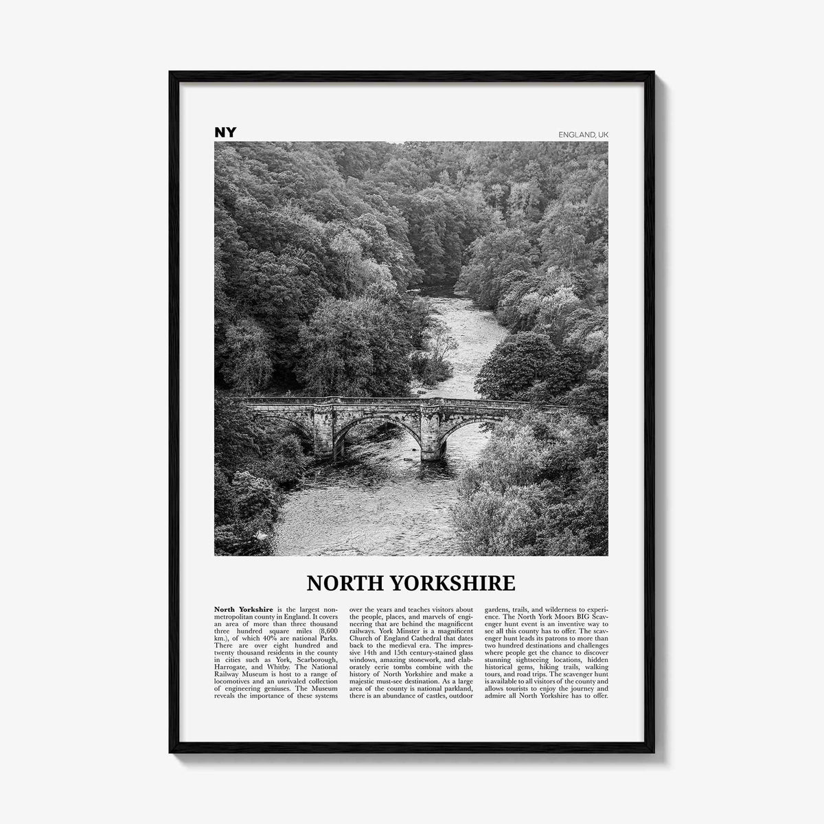North Yorkshire Print Black and White, North Yorkshire Wall Art, North Yorkshire Poster, North Yorkshire Photo, North Yorkshire Map, England