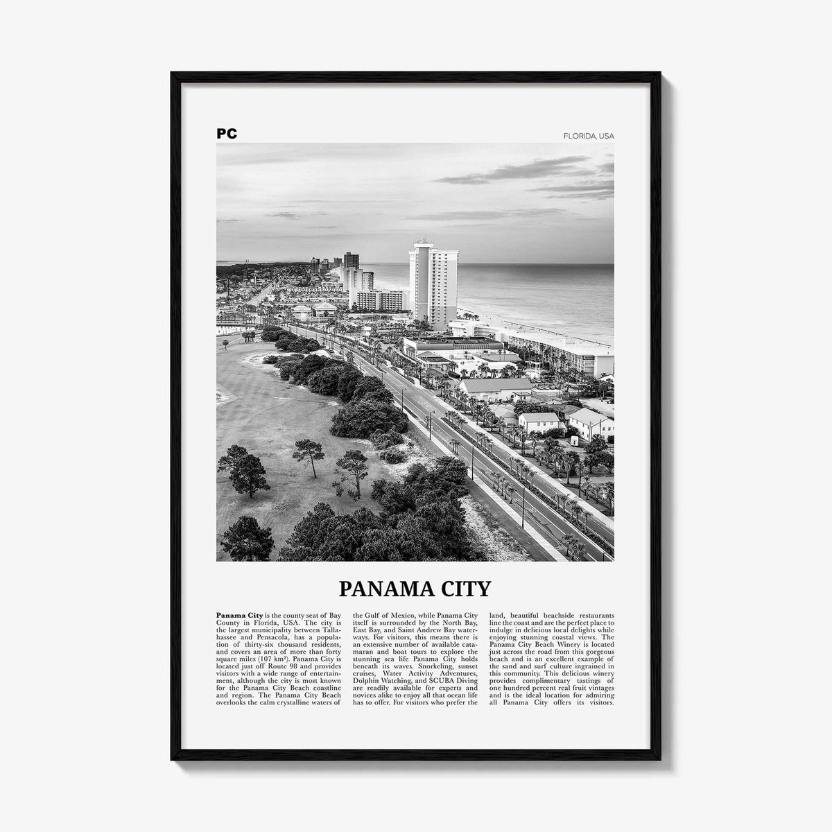 Panama City Print Black and White Florida, Panama City Wall Art, Panama City Poster, Panama City Photo, Panama City Map, USA, United States