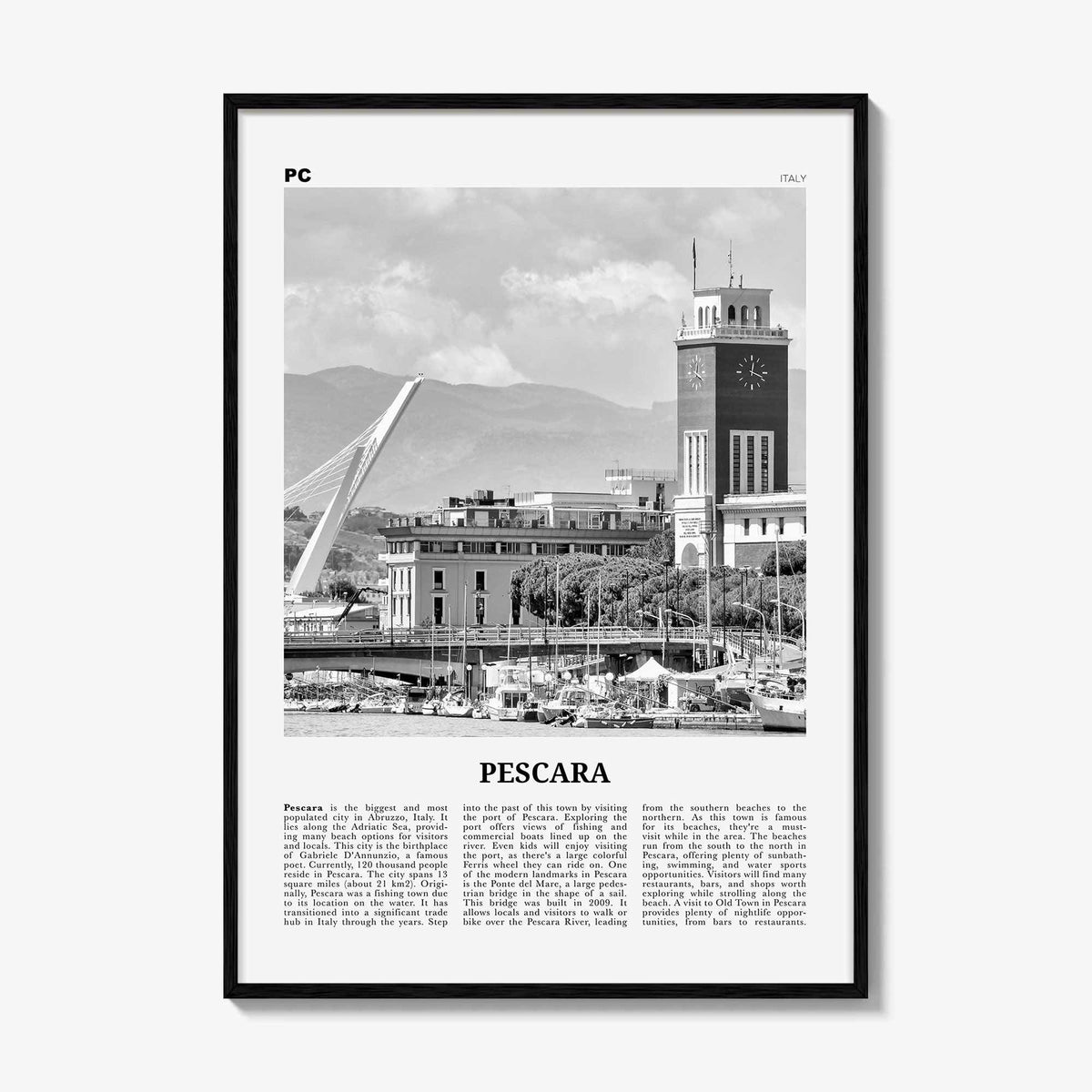 Pescara Print Black and White, Pescara Wall Art, Pescara Poster, Pescara Photo, Pescara Wall Décor, Pescara Map, Italy