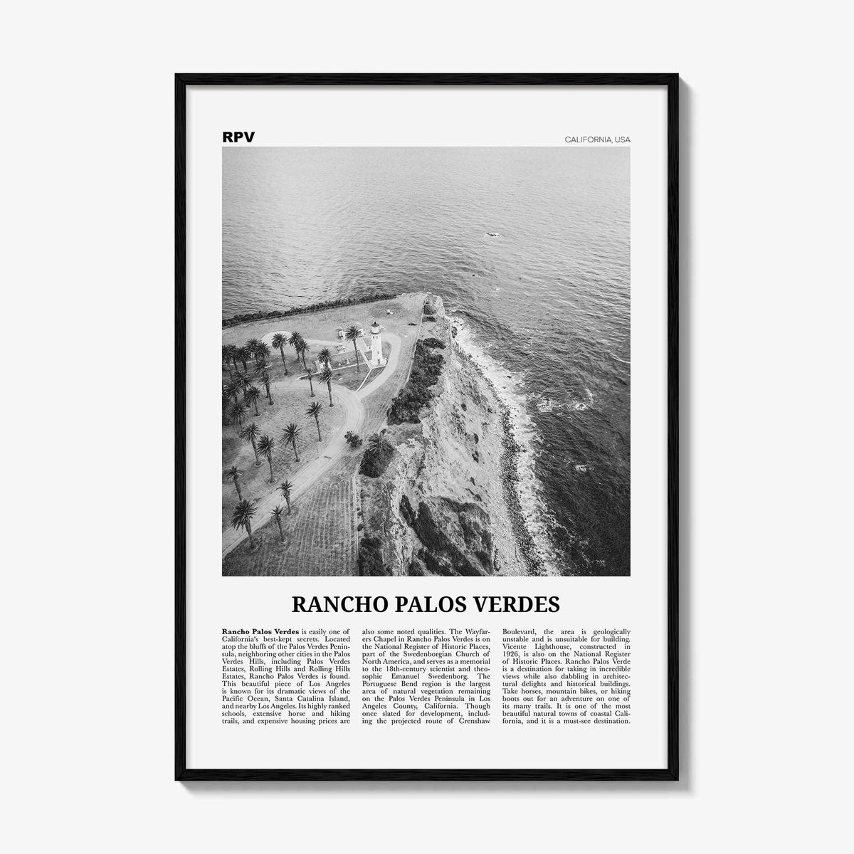 Rancho Palos Verdes Print Black and White, Rancho Palos Verdes Wall Art, Rancho Palos Verdes Poster, Rancho Palos Verdes, California, USA