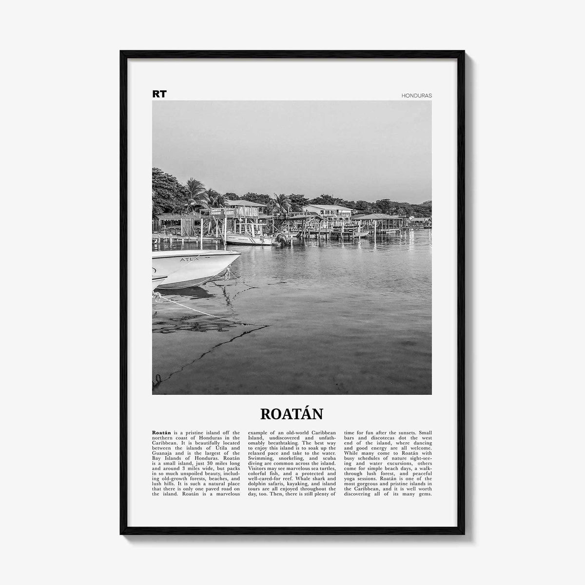 Roatan Print Black and White, Roatán Wall Art, Roatán Poster, Roatán Photo, Roatán Wall Décor, Roatán Map, Honduras