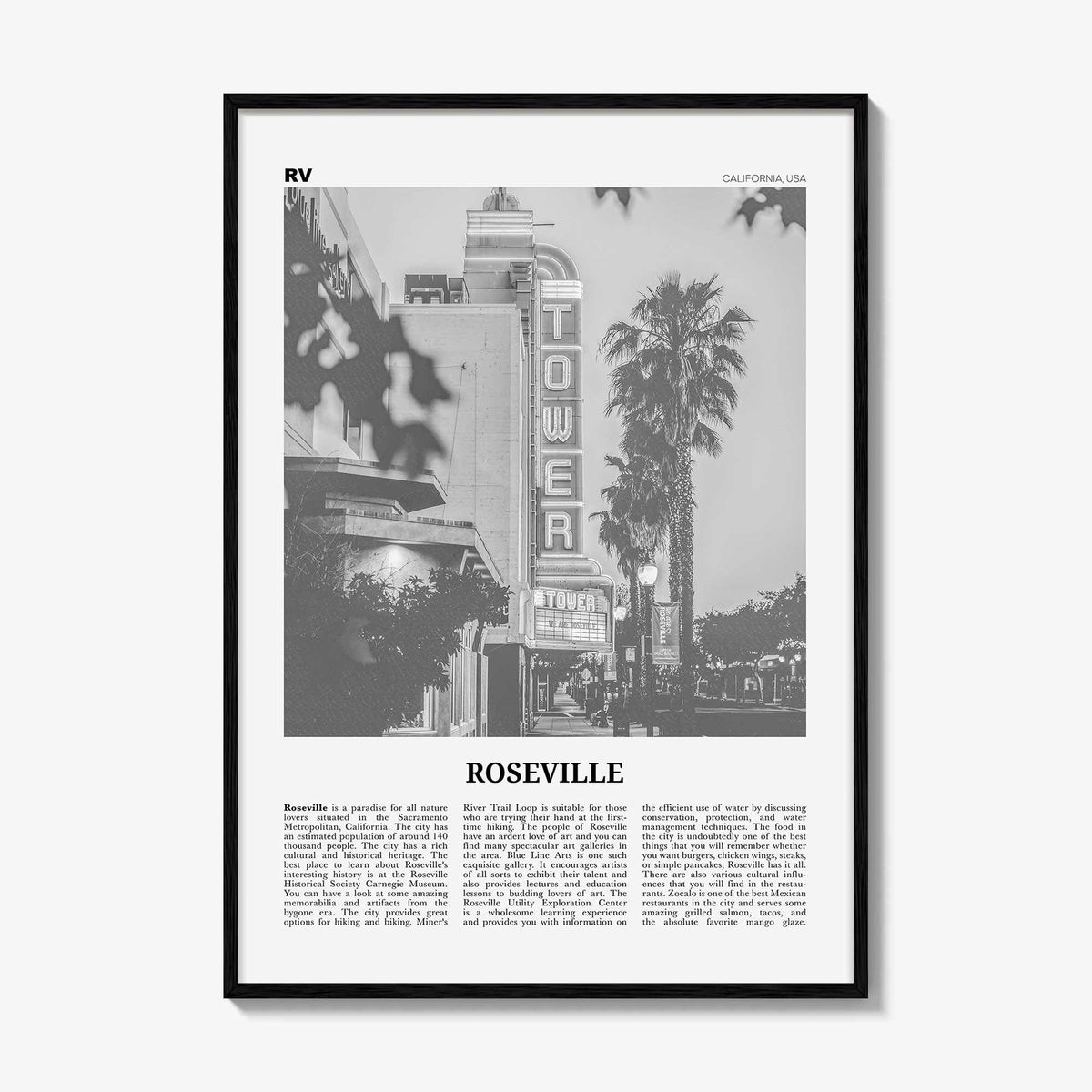 Roseville Print Black and White, Roseville Wall Art, Roseville Poster, Roseville Photo, Roseville Wall Décor, California, USA, United States
