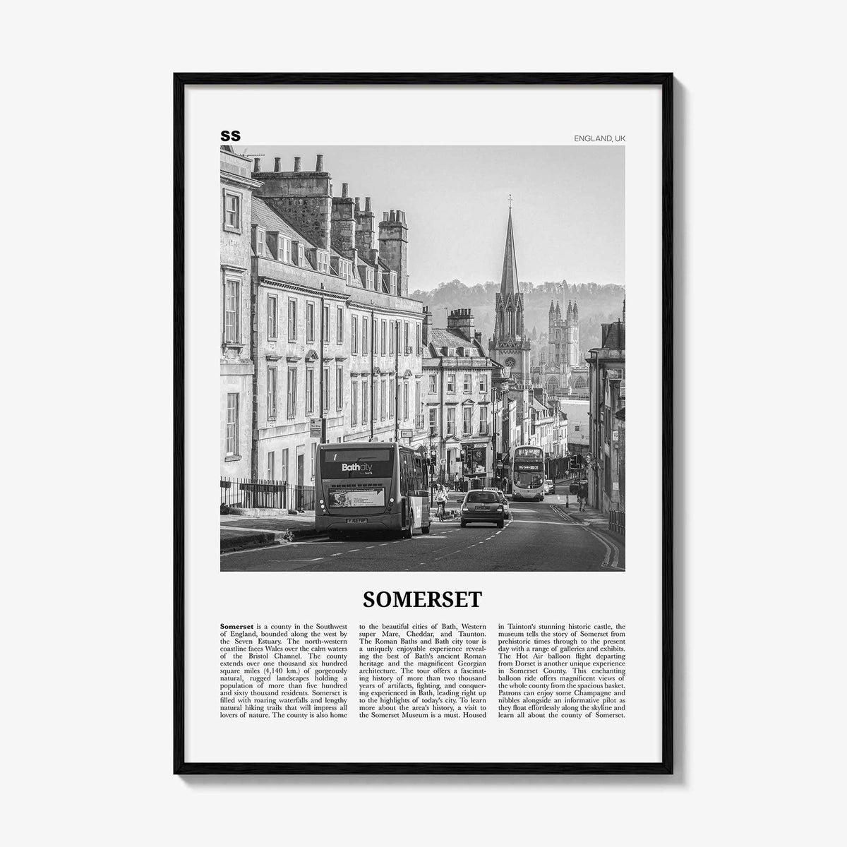 Somerset Print Black and White, Somerset Wall Art, Somerset Poster, Somerset Photo, Somerset Map, England, UK, United Kingdom