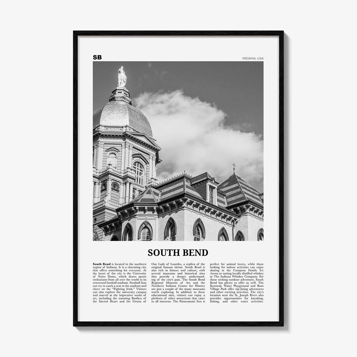 South Bend Print Black and White, South Bend Wall Art, South Bend Poster, South Bend Photo, South Bend Wall Décor, Indiana USA United States