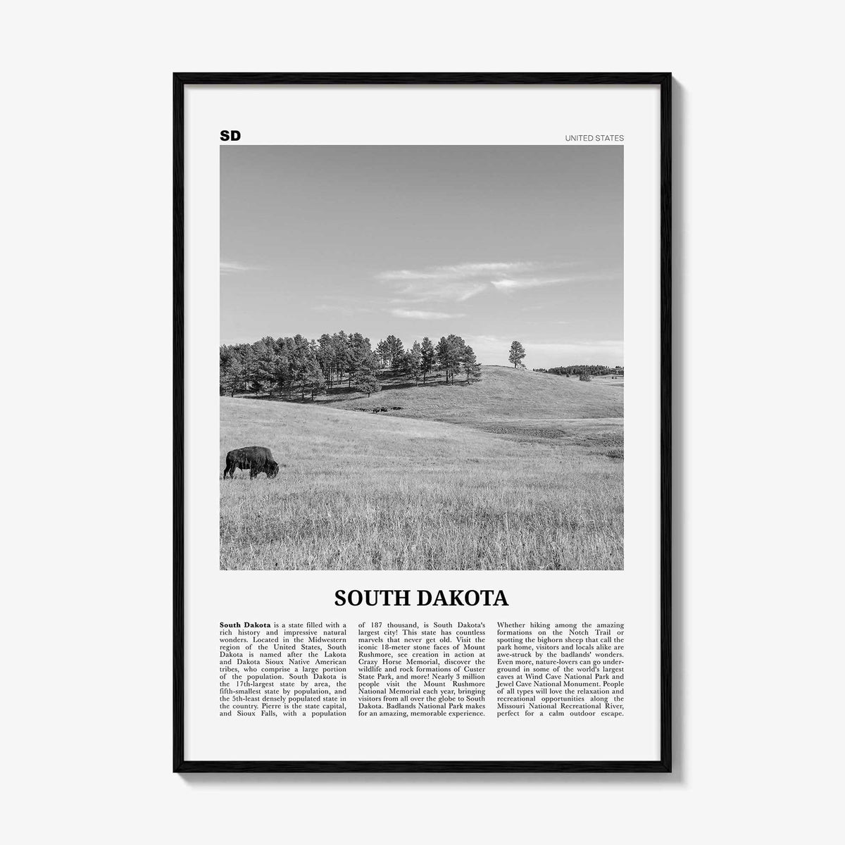 South Dakota Print Black and White No 1, South Dakota Art, South Dakota Poster, South Dakota Photo, South Dakota Map
