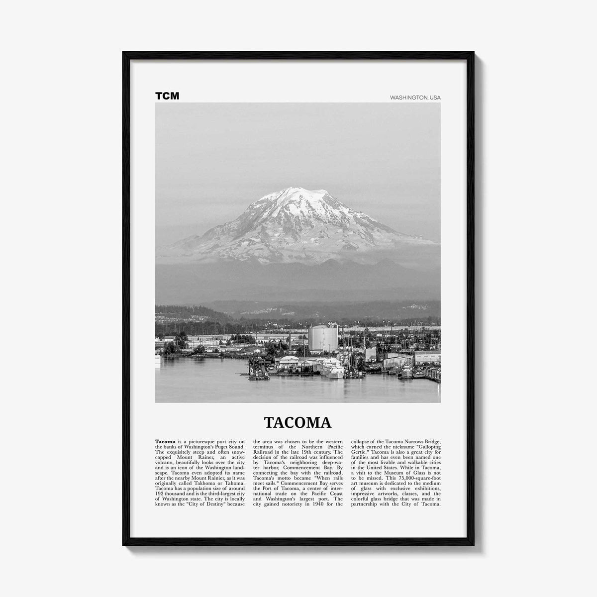 Tacoma Print Black and White, Tacoma Wall Art, Tacoma Poster, Tacoma Photo, Tacoma Wall Décor, Washington, USA, United States, North America