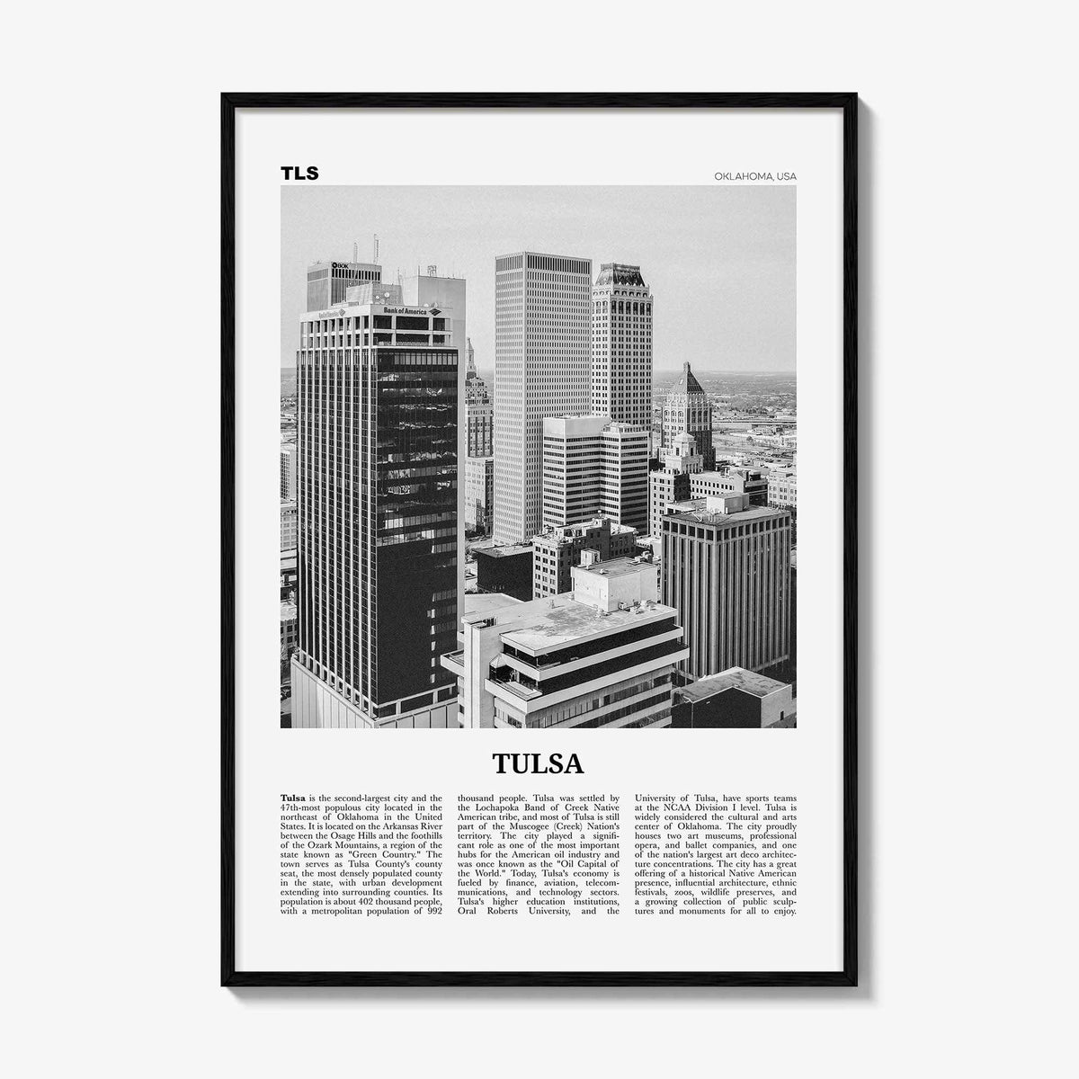 Tulsa Print Black and White, Tulsa Wall Art, Tulsa Poster, Tulsa Photo, Tulsa Wall Décor, Oklahoma, USA, United States, North America