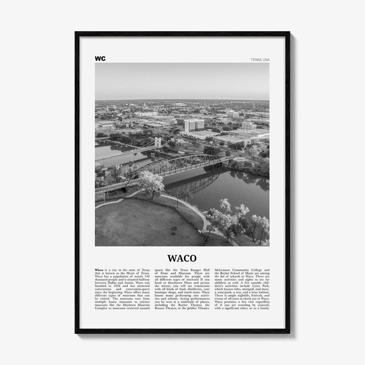 Waco Print Black and White, Waco Wall Art, Waco Poster, Waco Photo, Waco Wall Décor, Texas, USA, United States
