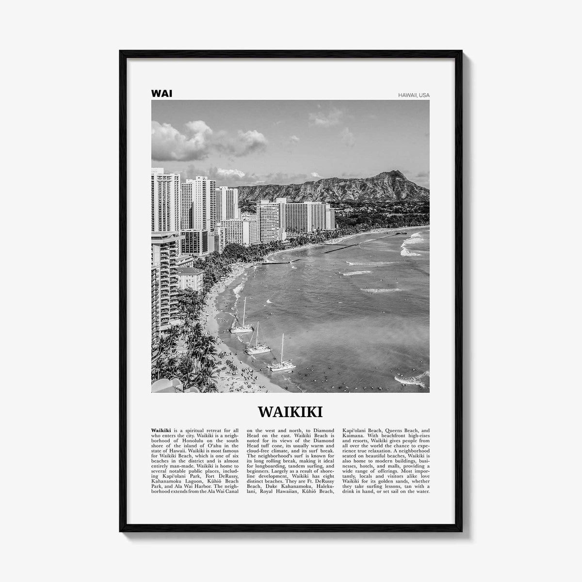 Waikiki Print Black and White, Waikiki Wall Art, Waikiki Poster, Waikiki Photo, Waikiki Decor, Honolulu, Hawaii, O'ahu Oahu North America