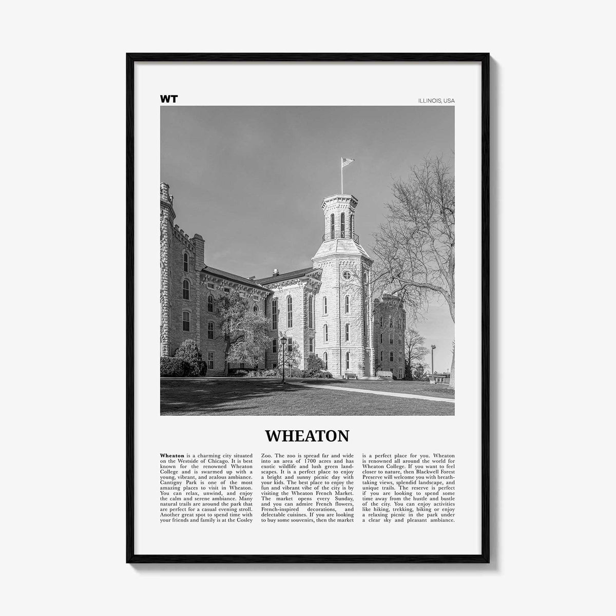 Wheaton Print Black and White, Wheaton Wall Art, Wheaton Poster, Wheaton Photo, Wheaton Map, Illinois, USA, United States